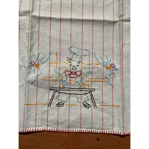 Vintage Red Pinstriped Hand Embroidered Chef cooking Hand Towel - Picture 6 of 8